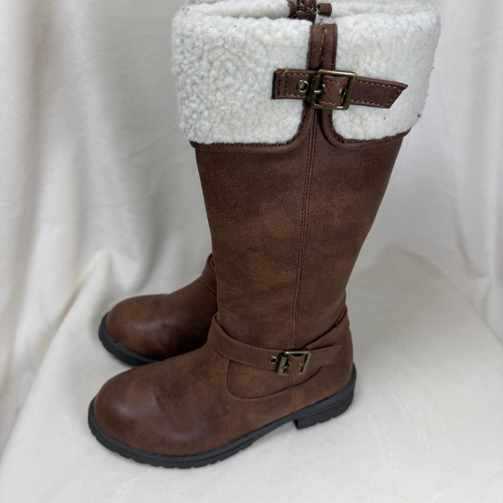 b.o.c. Irene Tall Boots Kids Size 1 Brown Faux Sherpa Buckle Strap Zipper 972174 - Picture 4 of 9